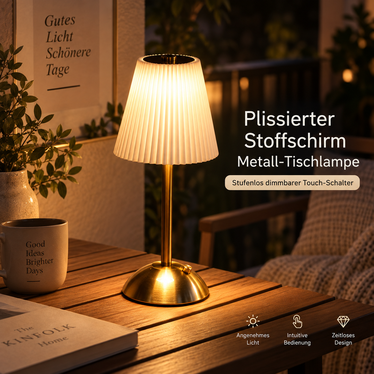 Kabellose Tischlampe dimmbar – Akku Touch Lampe mit Plissee Stoffschirm, USB-C aufladbar