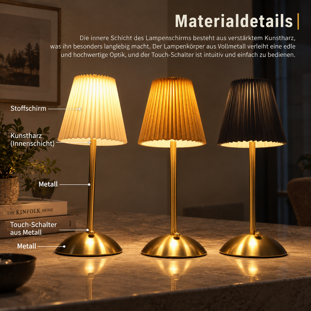 Kabellose Tischlampe dimmbar – Akku Touch Lampe mit Plissee Stoffschirm, USB-C aufladbar