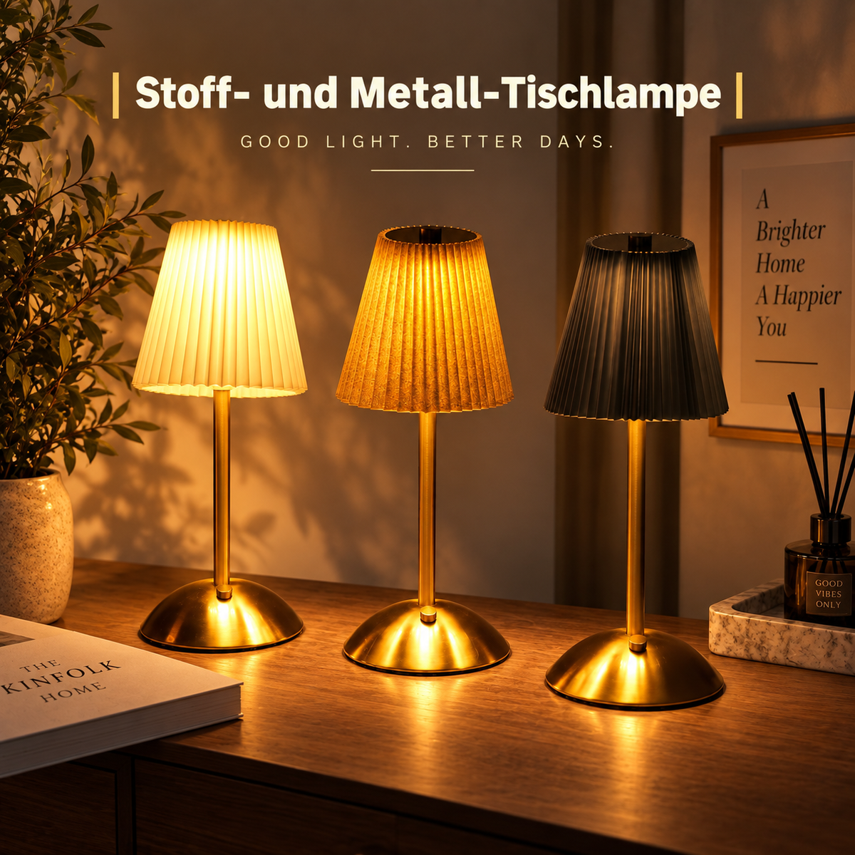Kabellose Tischlampe dimmbar – Akku Touch Lampe mit Plissee Stoffschirm, USB-C aufladbar