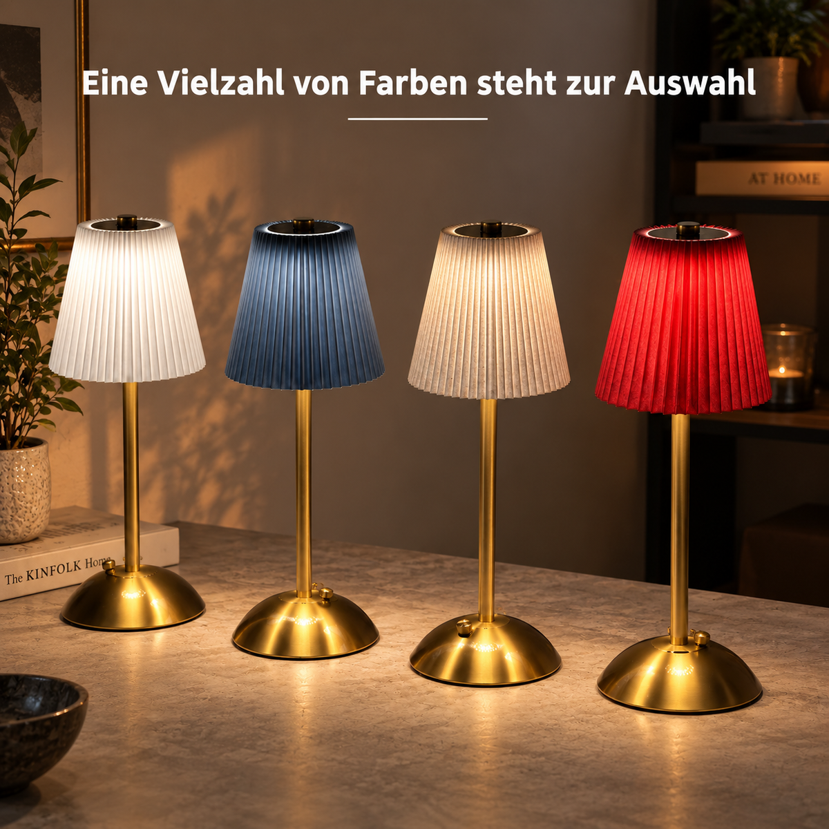 Kabellose Tischlampe dimmbar – Akku Touch Lampe mit Plissee Stoffschirm, USB-C aufladbar