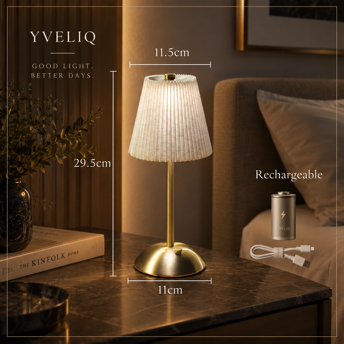 Kabellose Tischlampe dimmbar – Akku Touch Lampe mit Plissee Stoffschirm, USB-C aufladbar