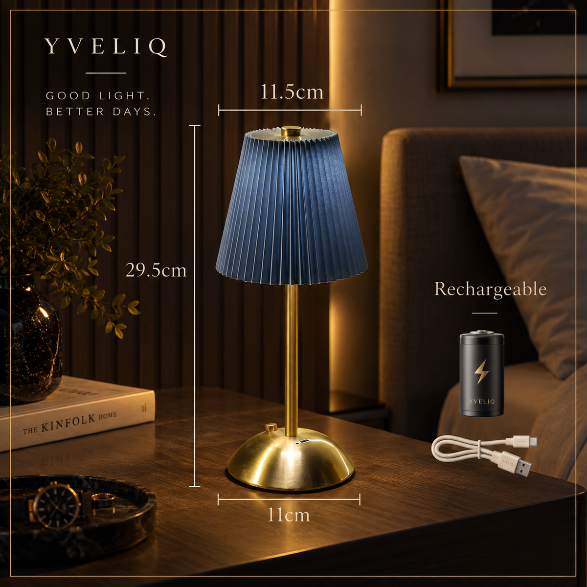 Kabellose Tischlampe dimmbar – Akku Touch Lampe mit Plissee Stoffschirm, USB-C aufladbar