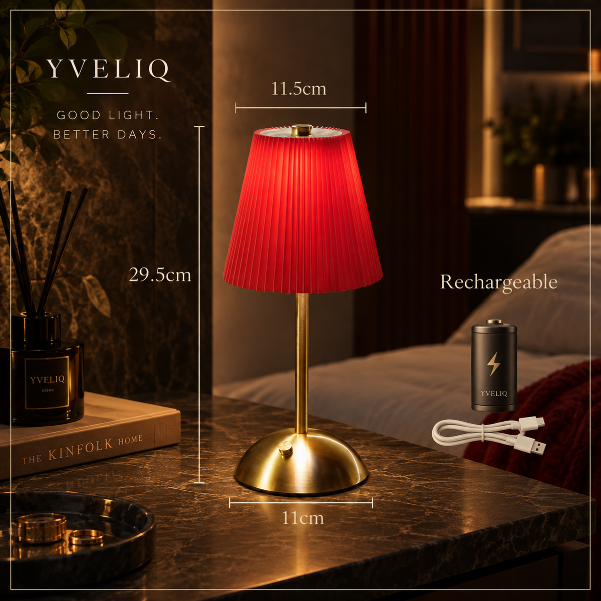 Kabellose Tischlampe dimmbar – Akku Touch Lampe mit Plissee Stoffschirm, USB-C aufladbar